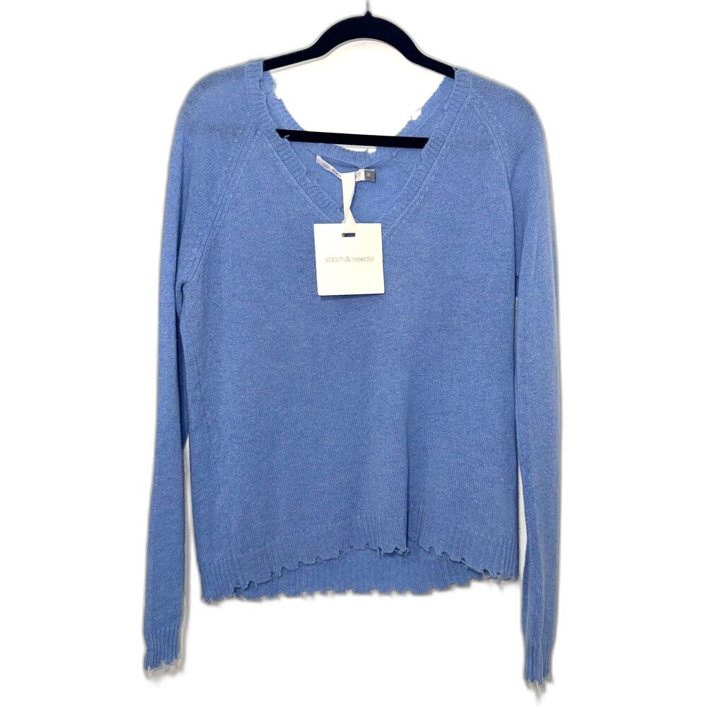 Stitch & Needle Cashmere V Neck Distressed Edge Sweater - Blue M